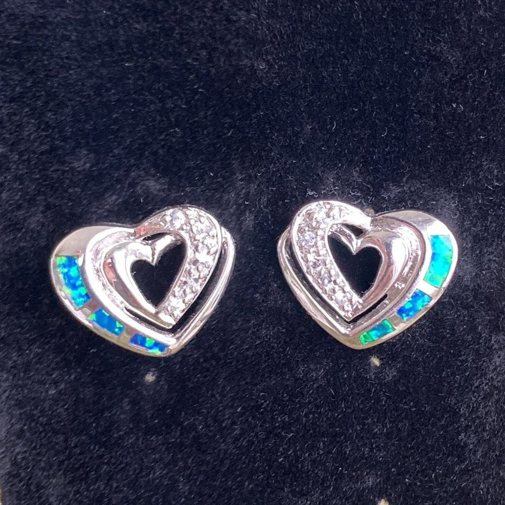 Double Heart Blue Fire Opal Inlay 925 Stamped Sterling Silver Post Earrings